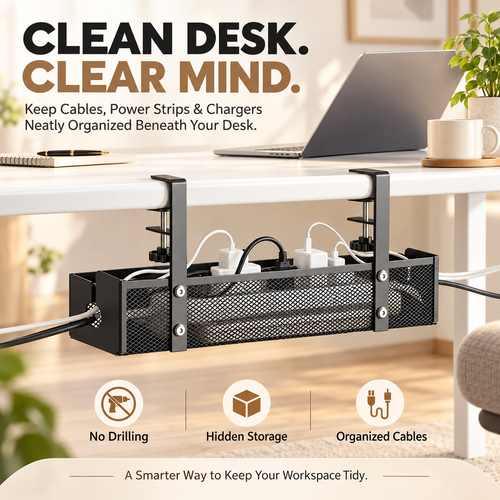 No-Drill Under Desk Cable Management Tray – Metal Mesh Organizer with Adjustable Clamps