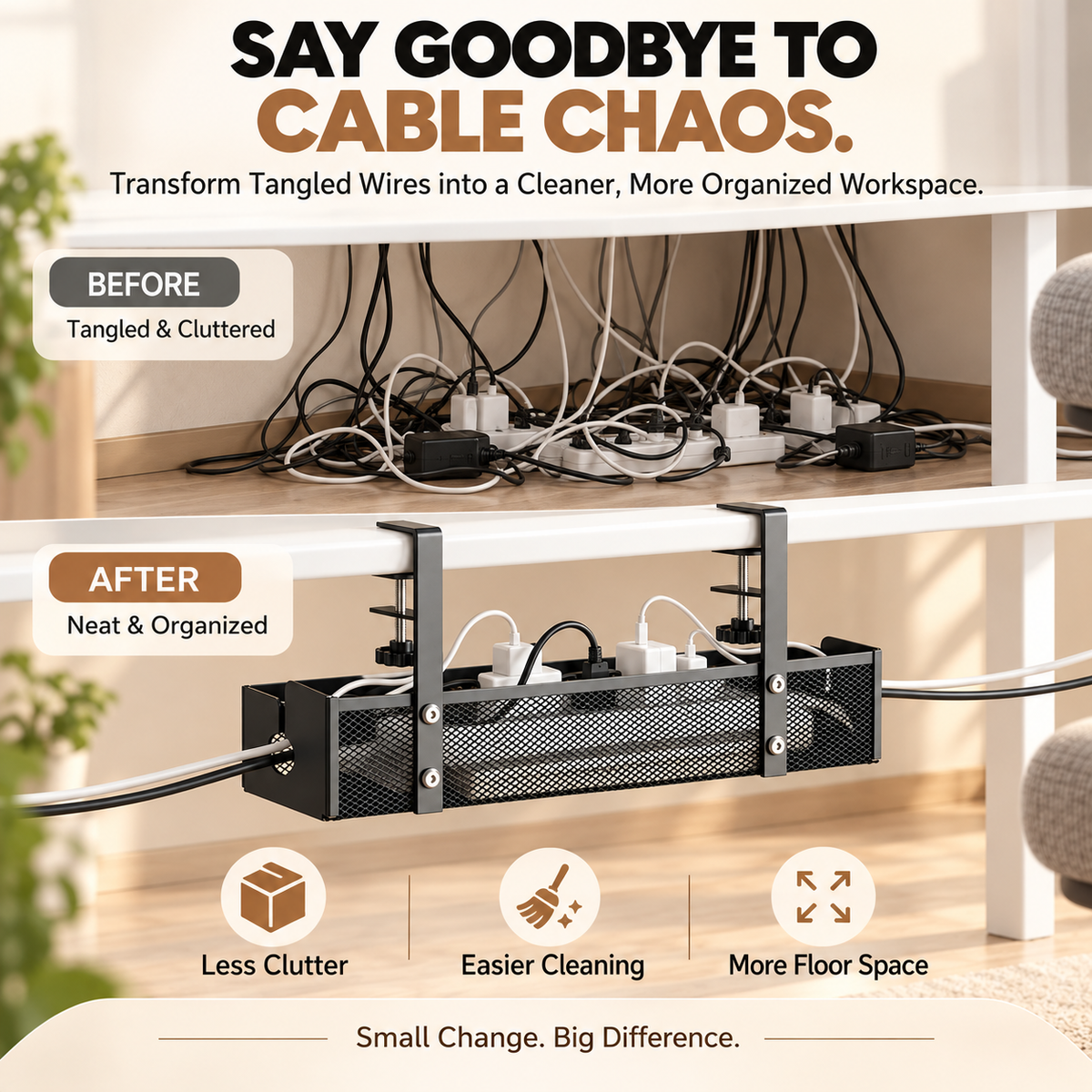 No-Drill Under Desk Cable Management Tray – Metal Mesh Organizer with Adjustable Clamps