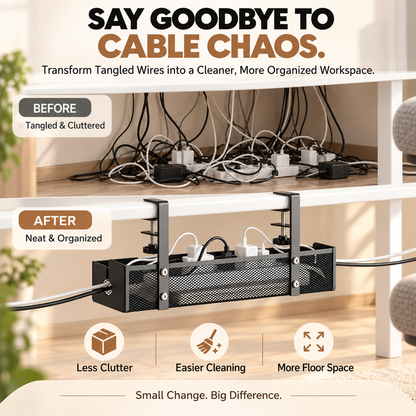 No-Drill Under Desk Cable Management Tray – Metal Mesh Organizer with Adjustable Clamps