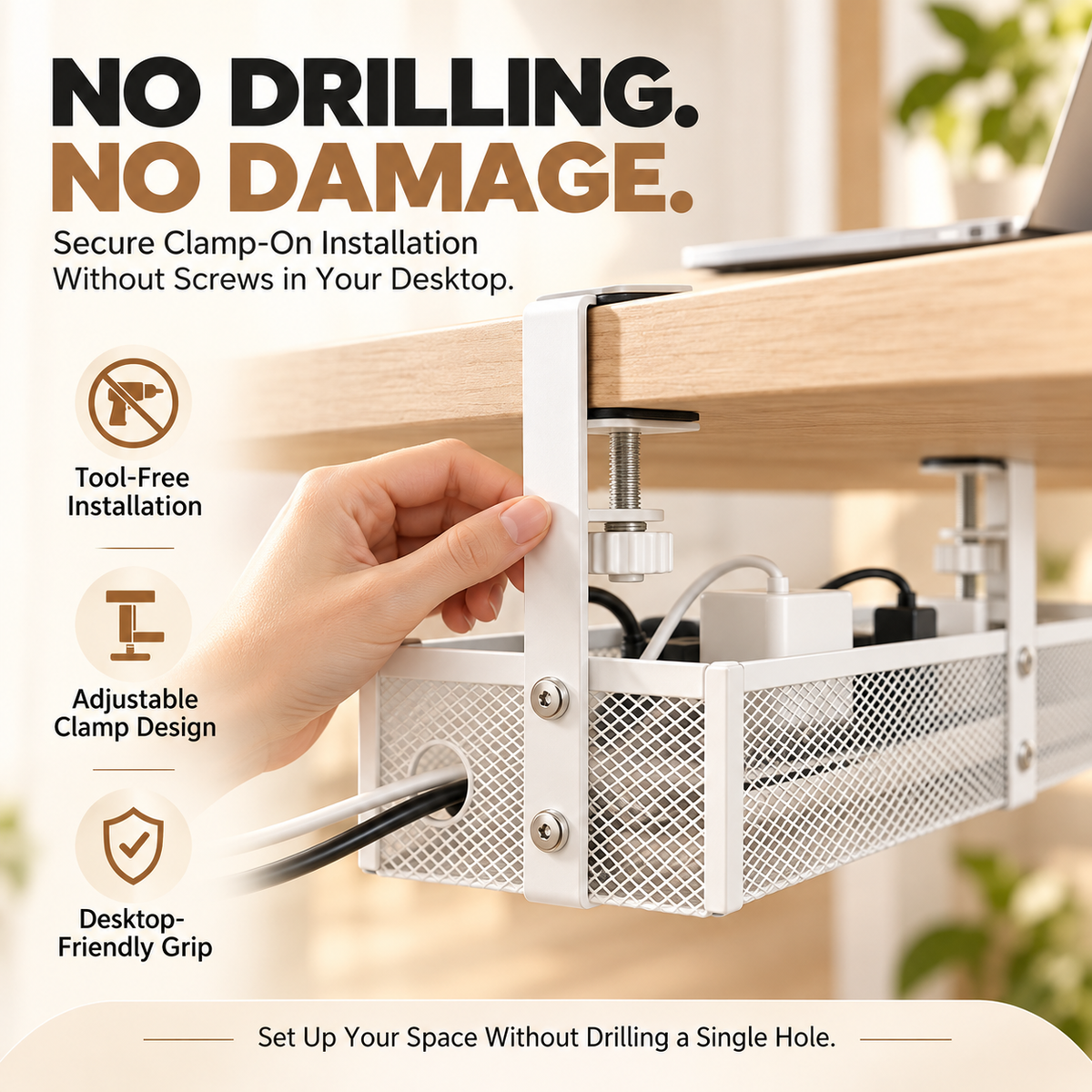 No-Drill Under Desk Cable Management Tray – Metal Mesh Organizer with Adjustable Clamps