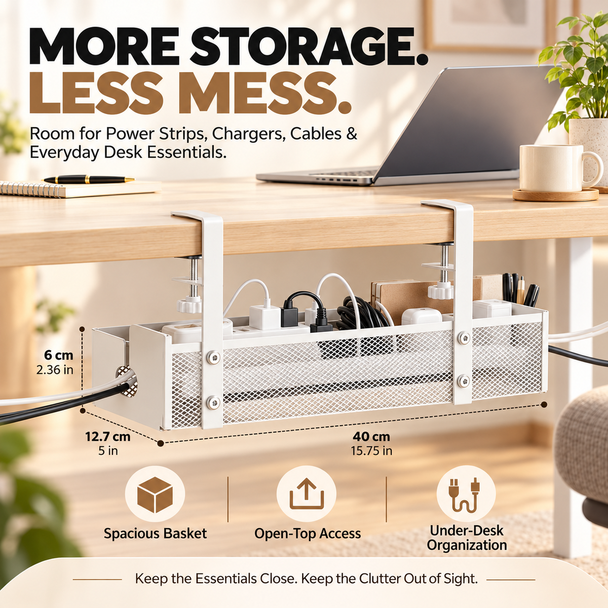 No-Drill Under Desk Cable Management Tray – Metal Mesh Organizer with Adjustable Clamps