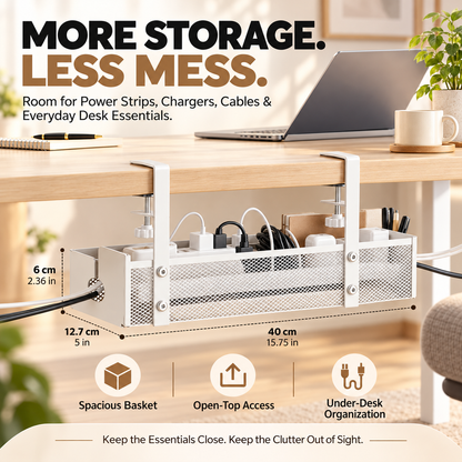 No-Drill Under Desk Cable Management Tray – Metal Mesh Organizer with Adjustable Clamps