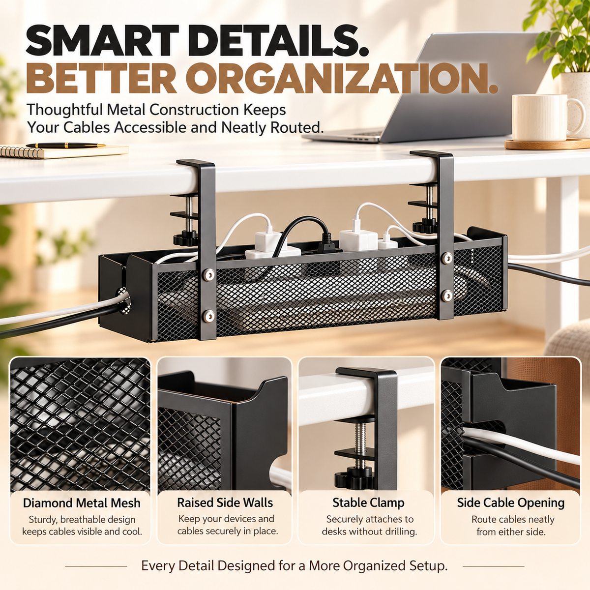 No-Drill Under Desk Cable Management Tray – Metal Mesh Organizer with Adjustable Clamps