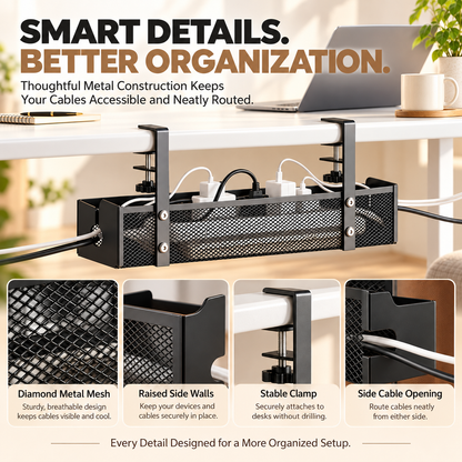 No-Drill Under Desk Cable Management Tray – Metal Mesh Organizer with Adjustable Clamps