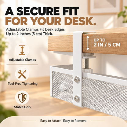 No-Drill Under Desk Cable Management Tray – Metal Mesh Organizer with Adjustable Clamps