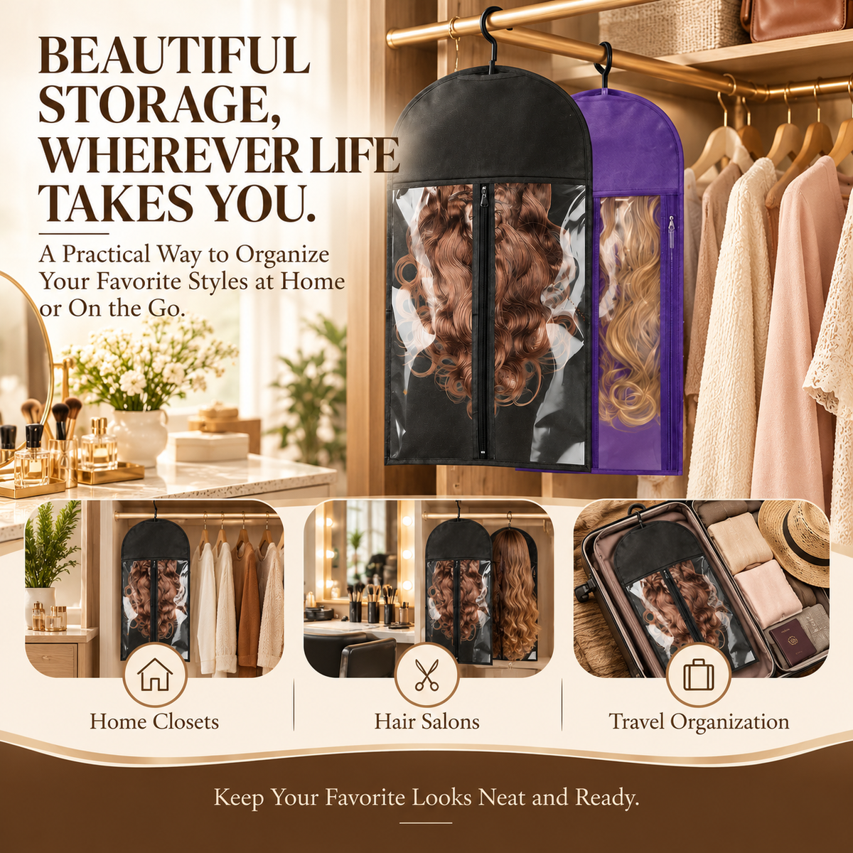 Breathable Hanging Wig Storage Bags with Clear Window & Hanger – Dustproof Hair Extension Organizer