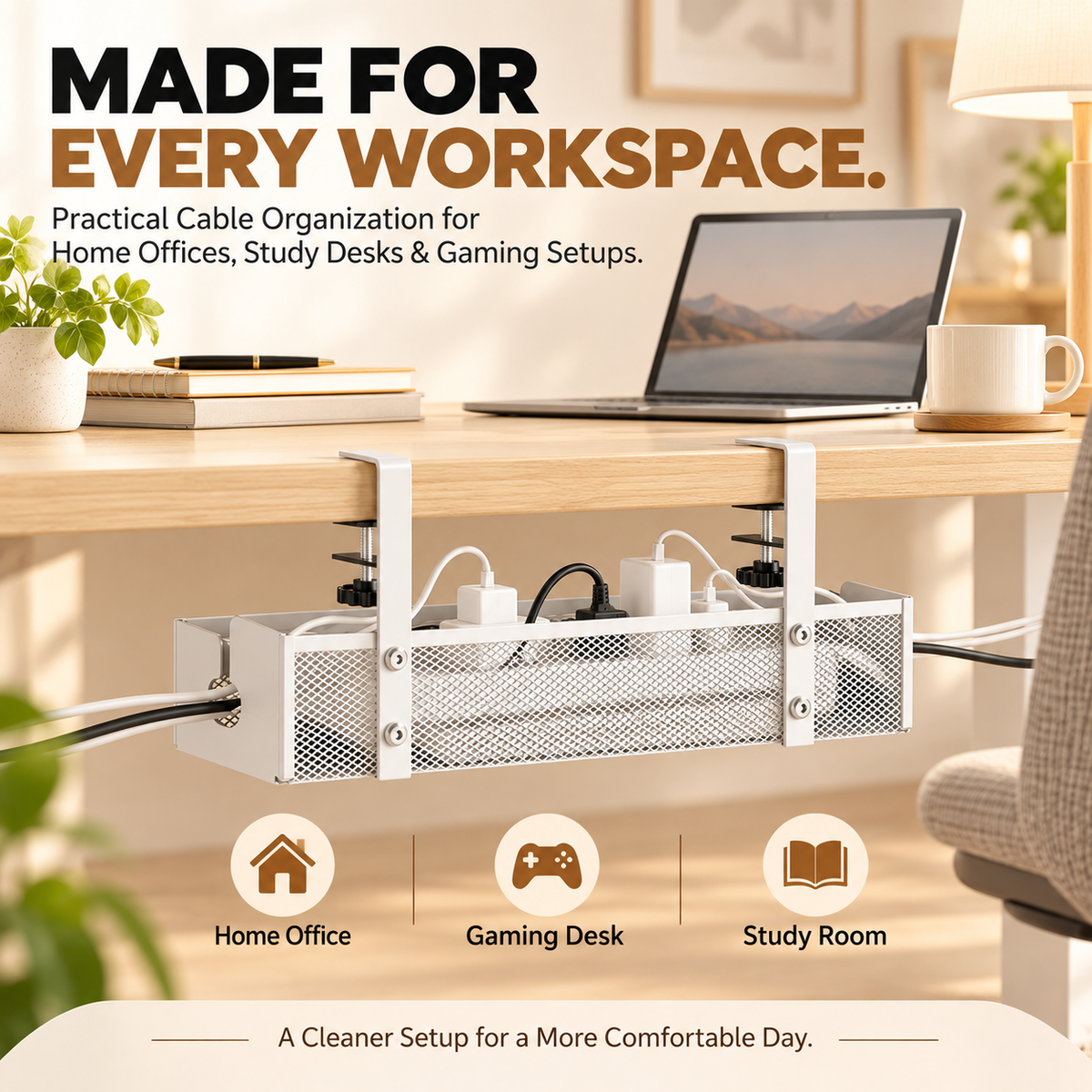No-Drill Under Desk Cable Management Tray – Metal Mesh Organizer with Adjustable Clamps