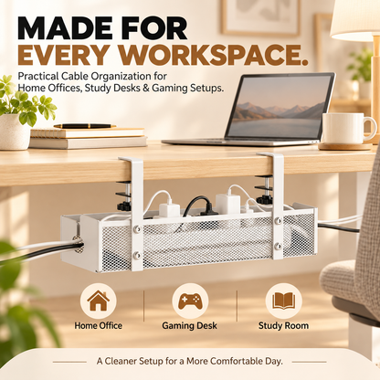 No-Drill Under Desk Cable Management Tray – Metal Mesh Organizer with Adjustable Clamps