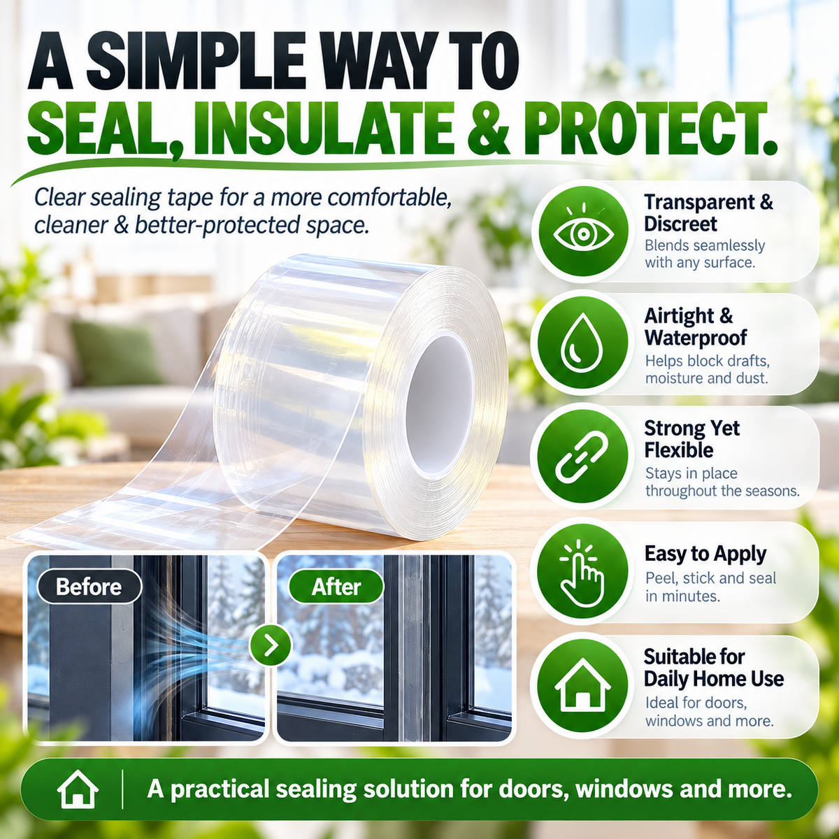 Transparent Waterproof Sealing Tape – Self-Adhesive Weatherproof Tape for Windows, Doors & Draft Protection