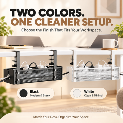 No-Drill Under Desk Cable Management Tray – Metal Mesh Organizer with Adjustable Clamps