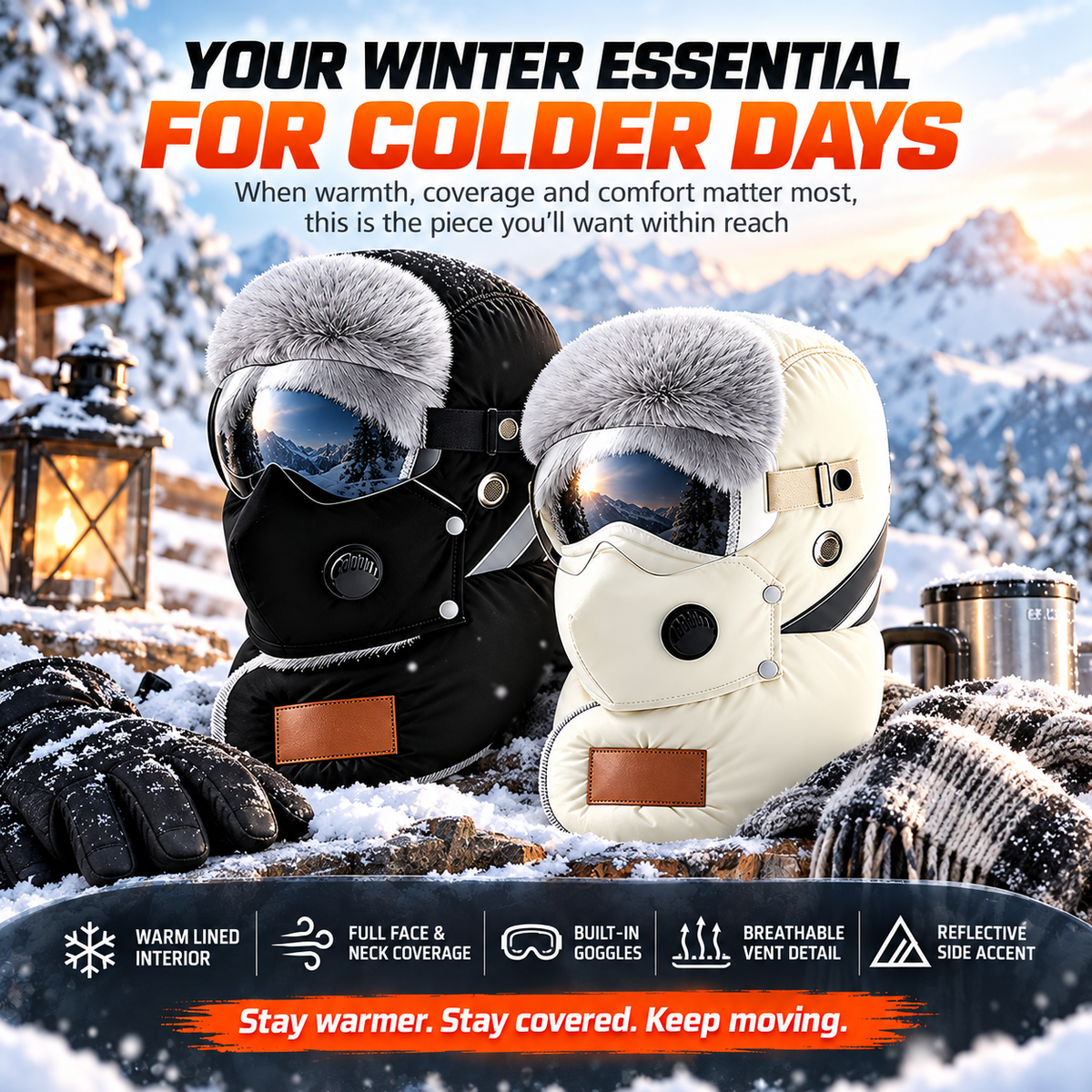 Winter Full Face Biking Hat with Goggles – Windproof Fleece-Lined Hood & Neck Cover for Cold Weather