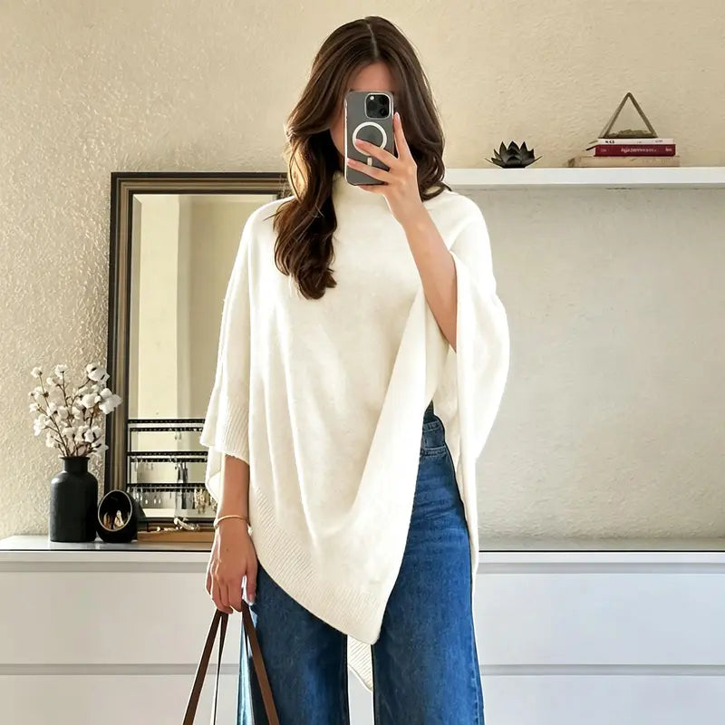 🧣 Layer Up, Stand Out – Soft Knit Cape Shawl with Asymmetric Design, Multi-Color & All-Season Versatility