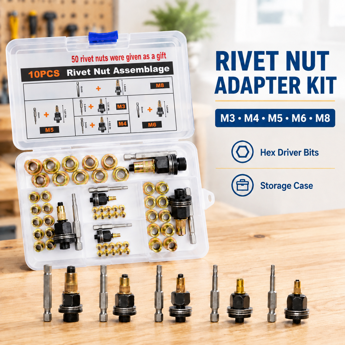 ✨Rivet Nut Tool Kit – M3-M8 Mandrel Heads & Hex Bits for Auto & DIY Repair