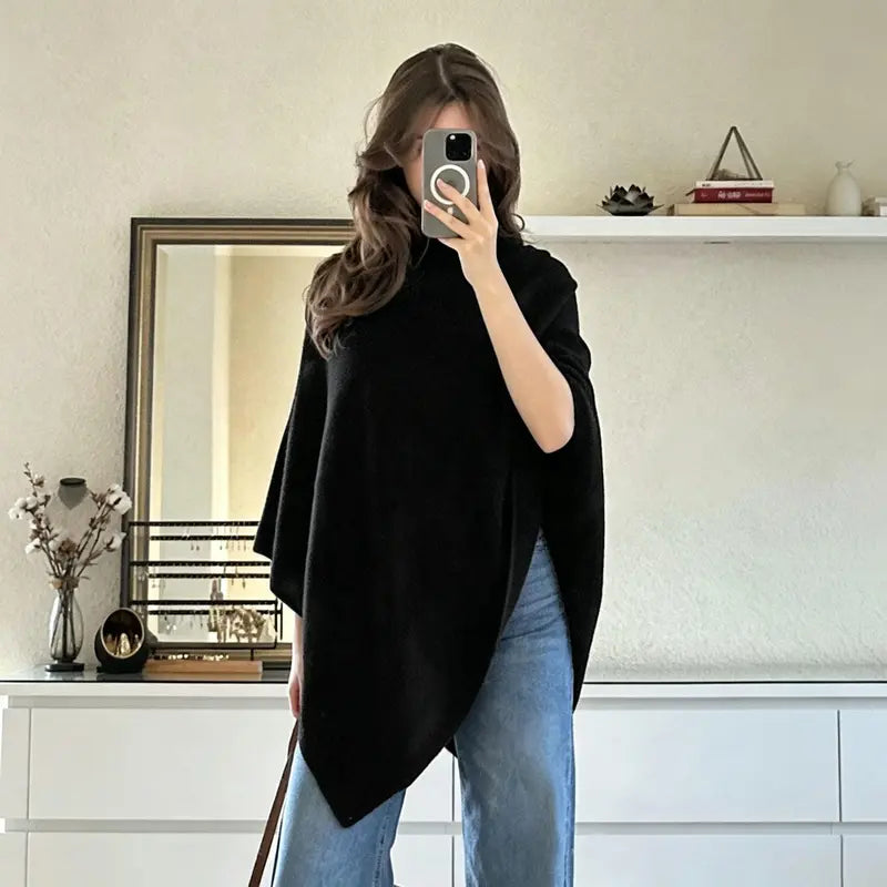🧣 Layer Up, Stand Out – Soft Knit Cape Shawl with Asymmetric Design, Multi-Color & All-Season Versatility