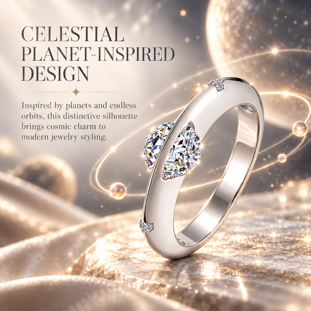 ✨ D Color VVS Moissanite Ring – Orbiting Planet Design, High-Polished & Lightweight for Daily Wear & Gifting