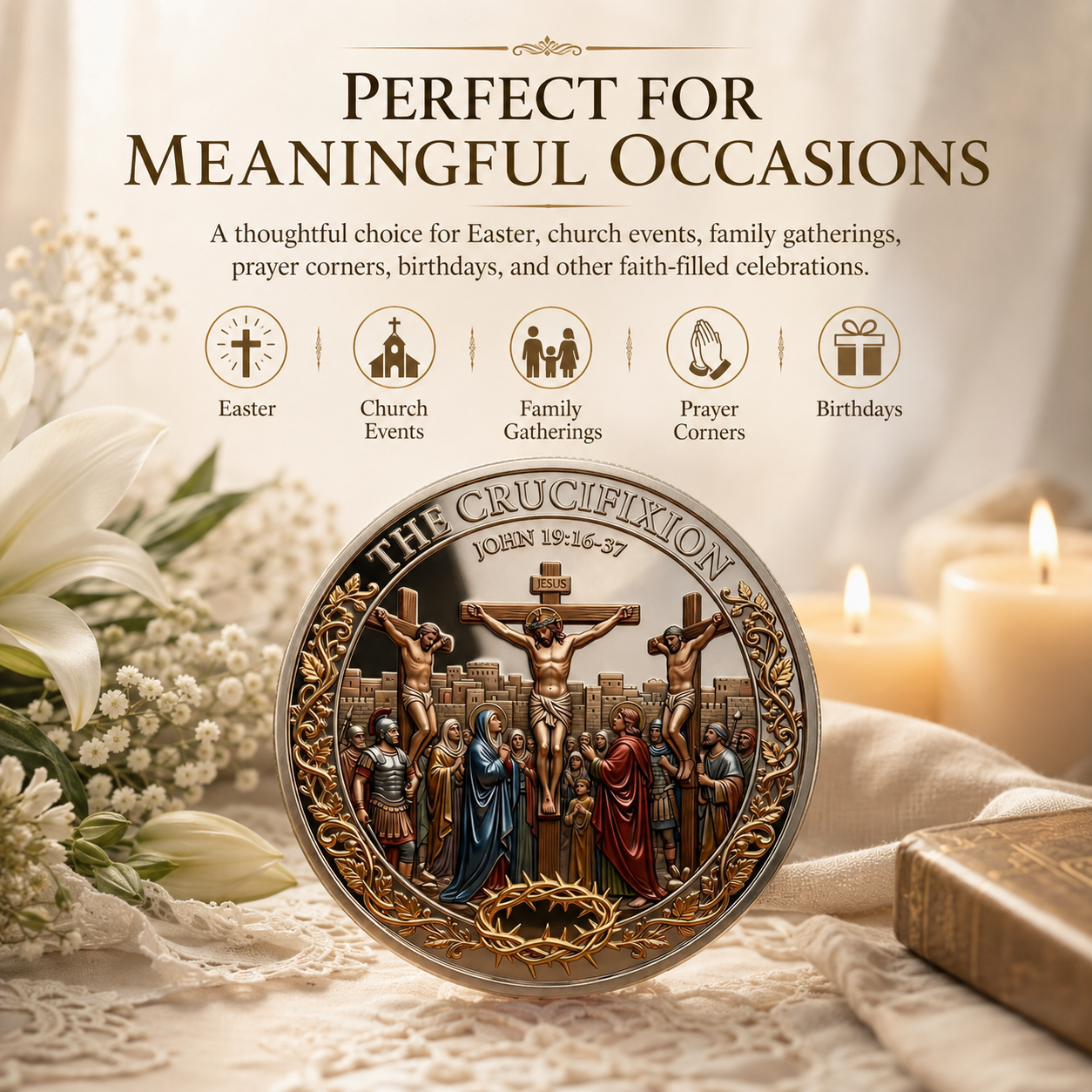 Cross & Resurrection Memorial Coin – Alloy Relief Keepsake for Faith and Remembrance