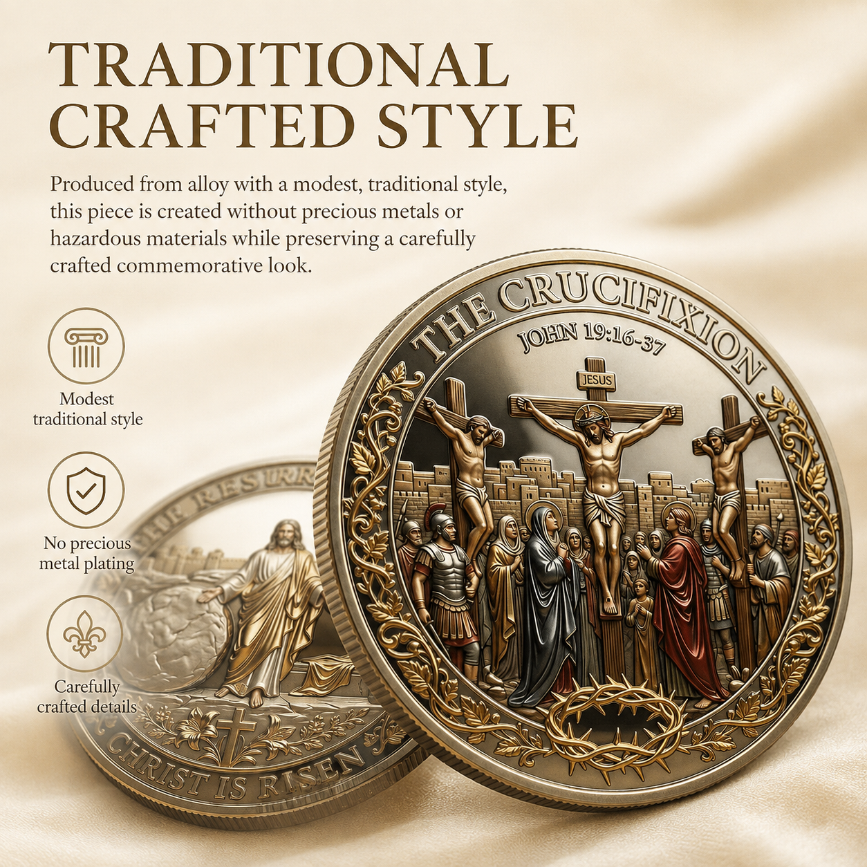Cross & Resurrection Memorial Coin – Alloy Relief Keepsake for Faith and Remembrance