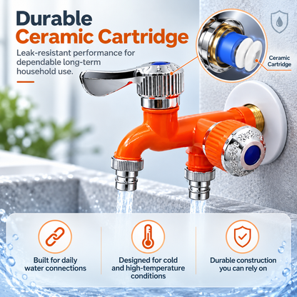 🚿 Independent Valve Washing Machine Faucet – Dual Outlet Design, 3/4" Universal Connector, Ceramic Core, Freeze & Heat Proof