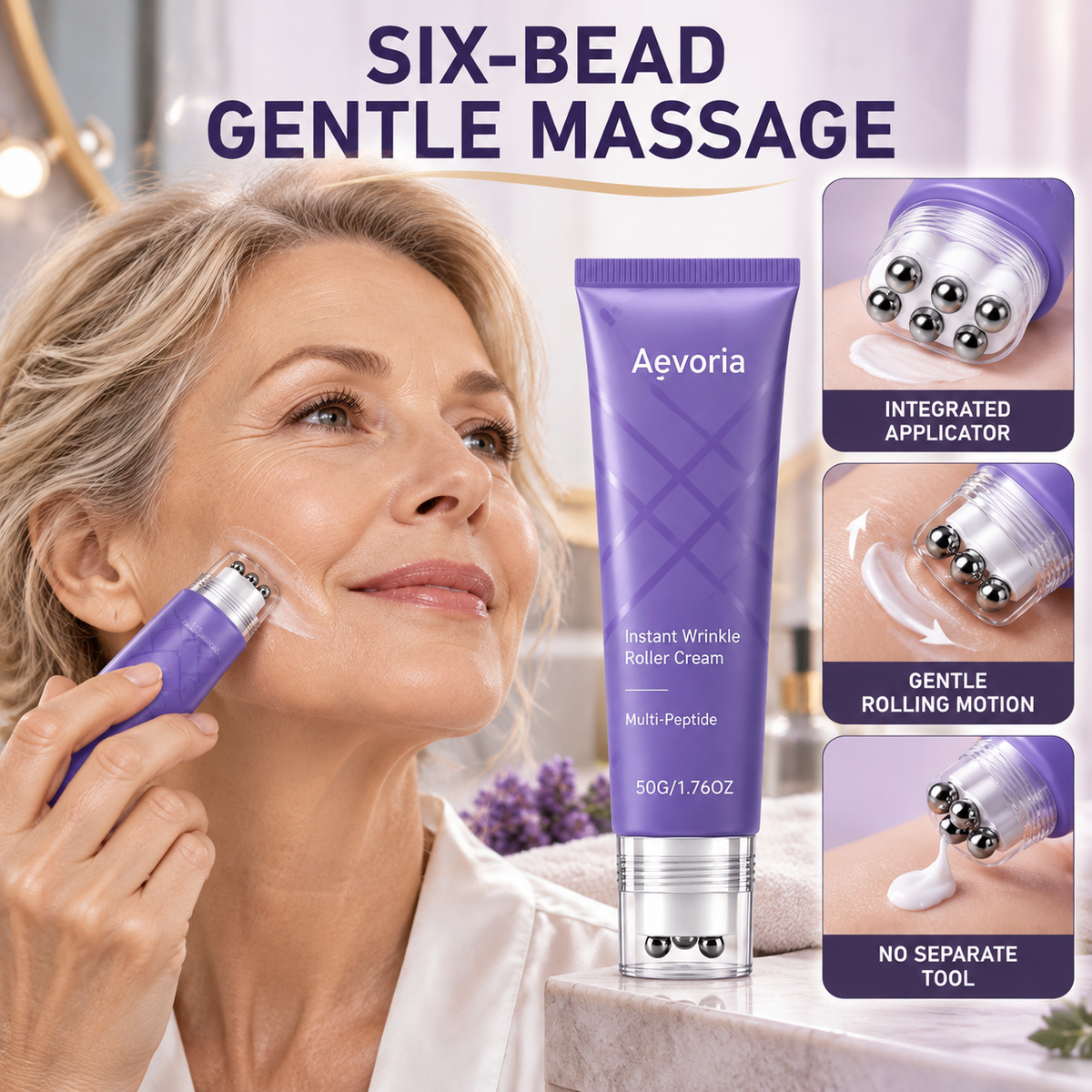 💜 Anti-Wrinkle Eye Cream Roller – Peptide & Collagen Hydrating Care with 6 Cooling Metal Massage Beads ✨