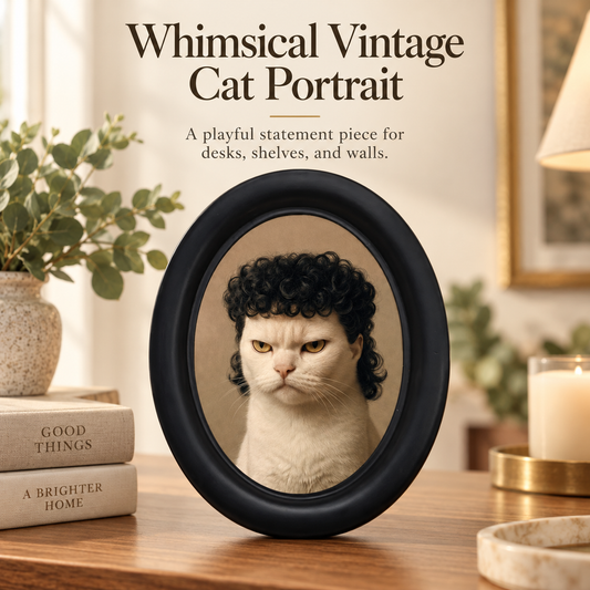 Retro Oval Cat Picture Frame – Funny Curly Hair Cat Portrait, Vintage Wall & Desk Decor for Cat Lovers