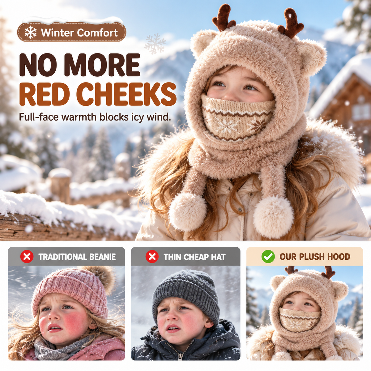 🦌 Antler Kids Hooded Scarf & Mask – Thermal Winter Warmth for Children 🦌