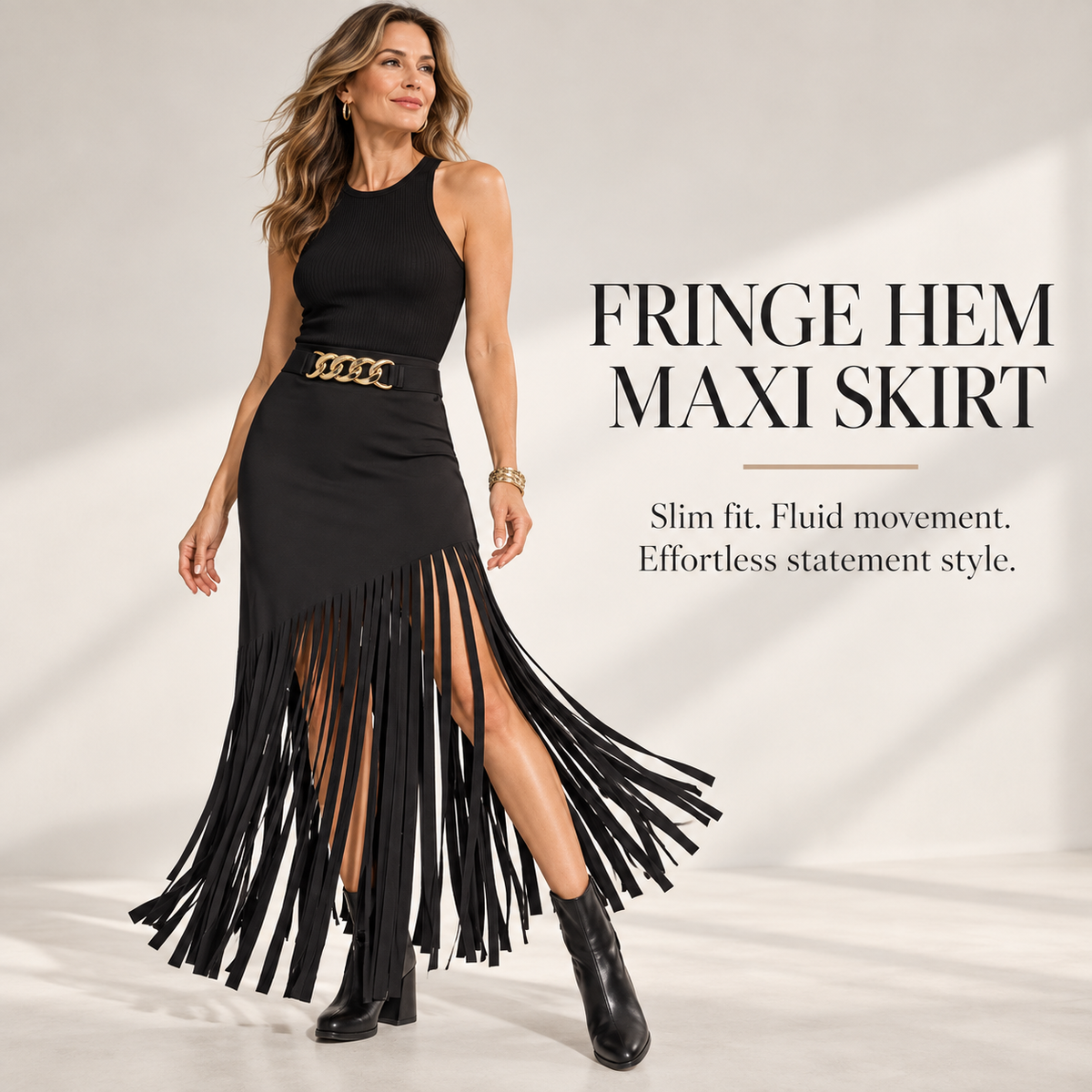 👗 Fitted Curves, Fringe Vibes – Y2K Punk Midi Skirt with Elastic Waistband, Solid Color & Boho-Chic Summer Style