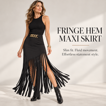 👗 Fitted Curves, Fringe Vibes – Y2K Punk Midi Skirt with Elastic Waistband, Solid Color & Boho-Chic Summer Style