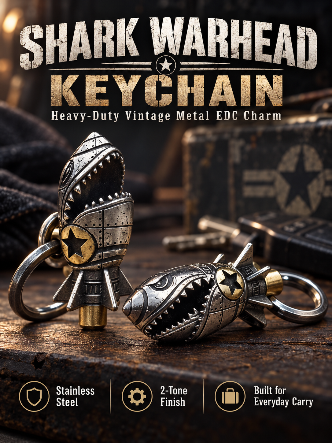 ✨3D Shark Warhead Keychain – Heavy-Duty Stainless Steel Men's Pendant