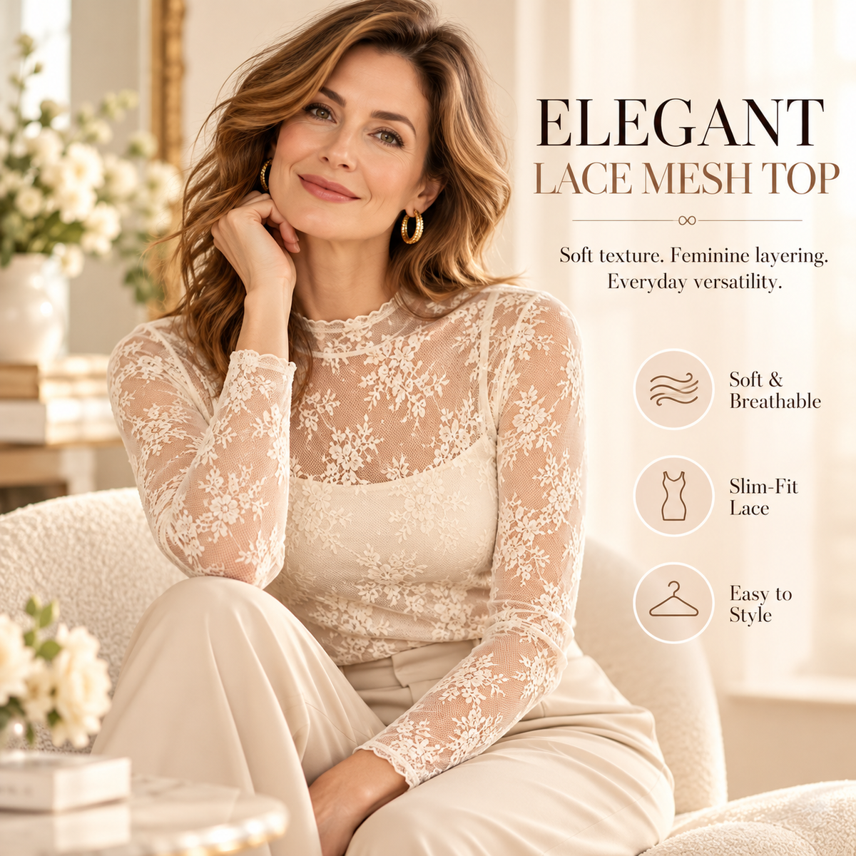 👚 Soft, Stretchy, Effortless – Floral Lace Mesh Long-Sleeve Top, Breathable Innerwear for All-Season Layering