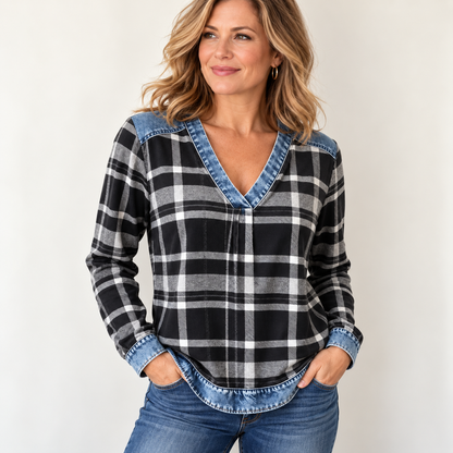 Color Block Plaid Blouse – Denim-Look Patchwork V-Neck, Long Sleeve, Relaxed Fit Women’s Shirt