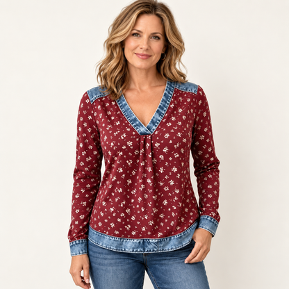 Color Block Plaid Blouse – Denim-Look Patchwork V-Neck, Long Sleeve, Relaxed Fit Women’s Shirt
