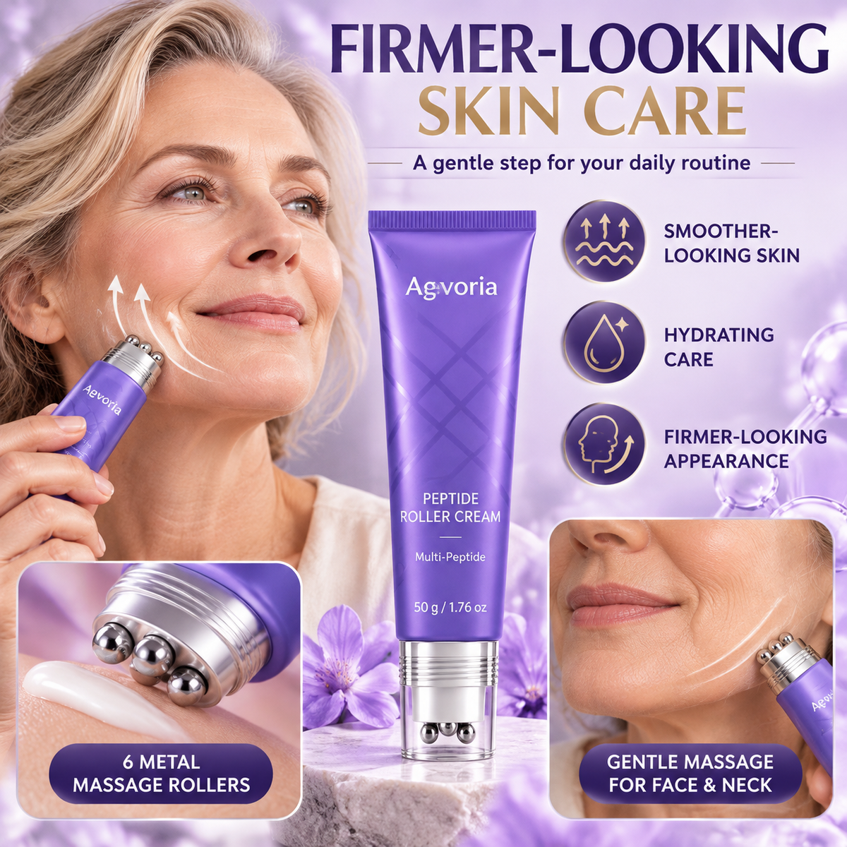 💜 Anti-Wrinkle Eye Cream Roller – Peptide & Collagen Hydrating Care with 6 Cooling Metal Massage Beads ✨