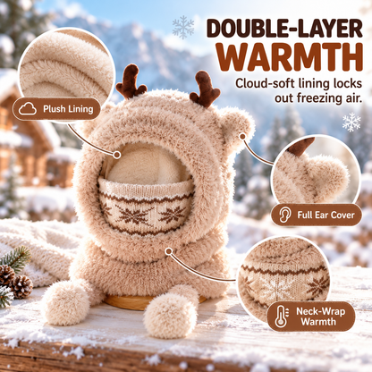 🦌 Antler Kids Hooded Scarf & Mask – Thermal Winter Warmth for Children 🦌