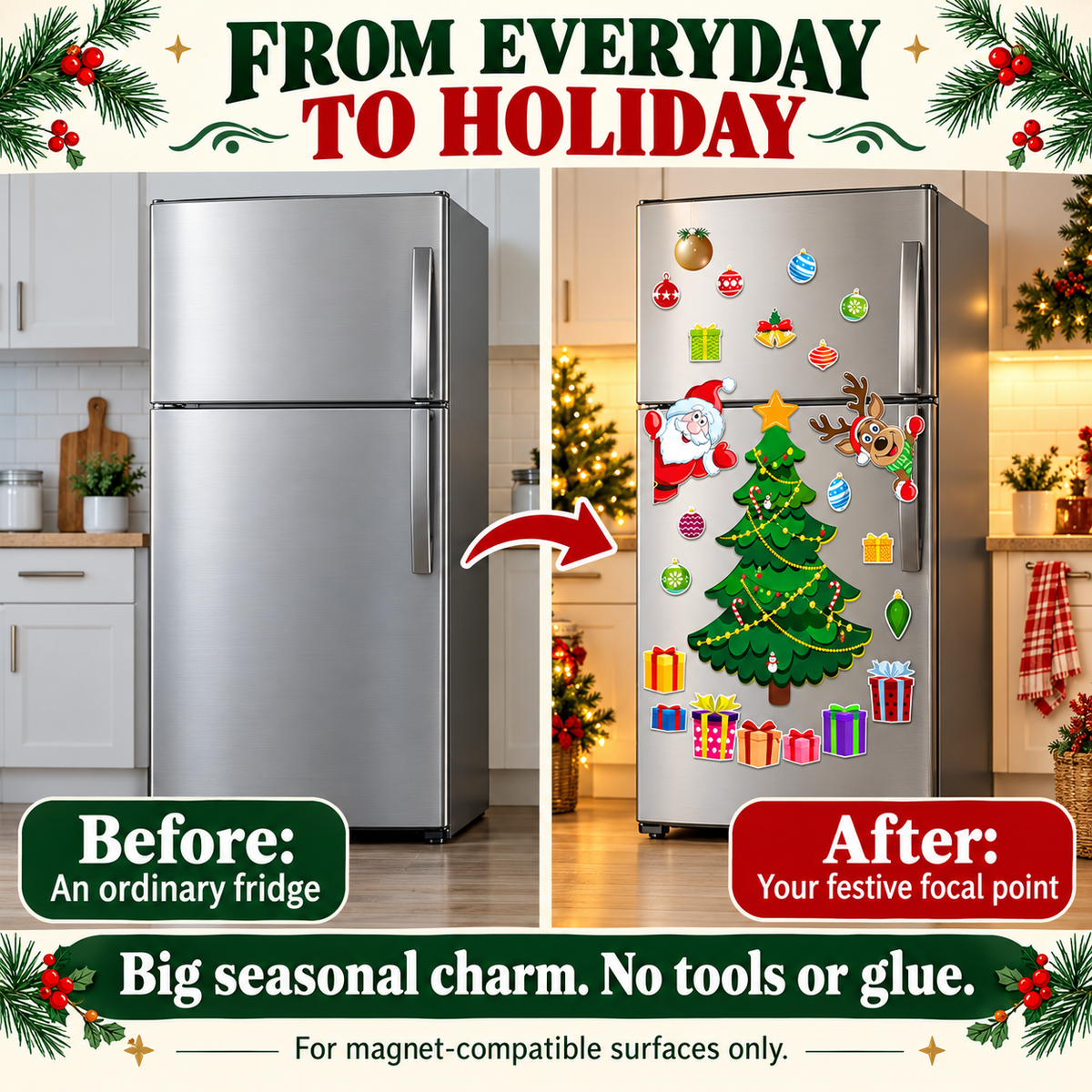 🎄Christmas Fridge Magnets – Xmas Tree, Santa, Reindeer & Snowman Decorations for Kids