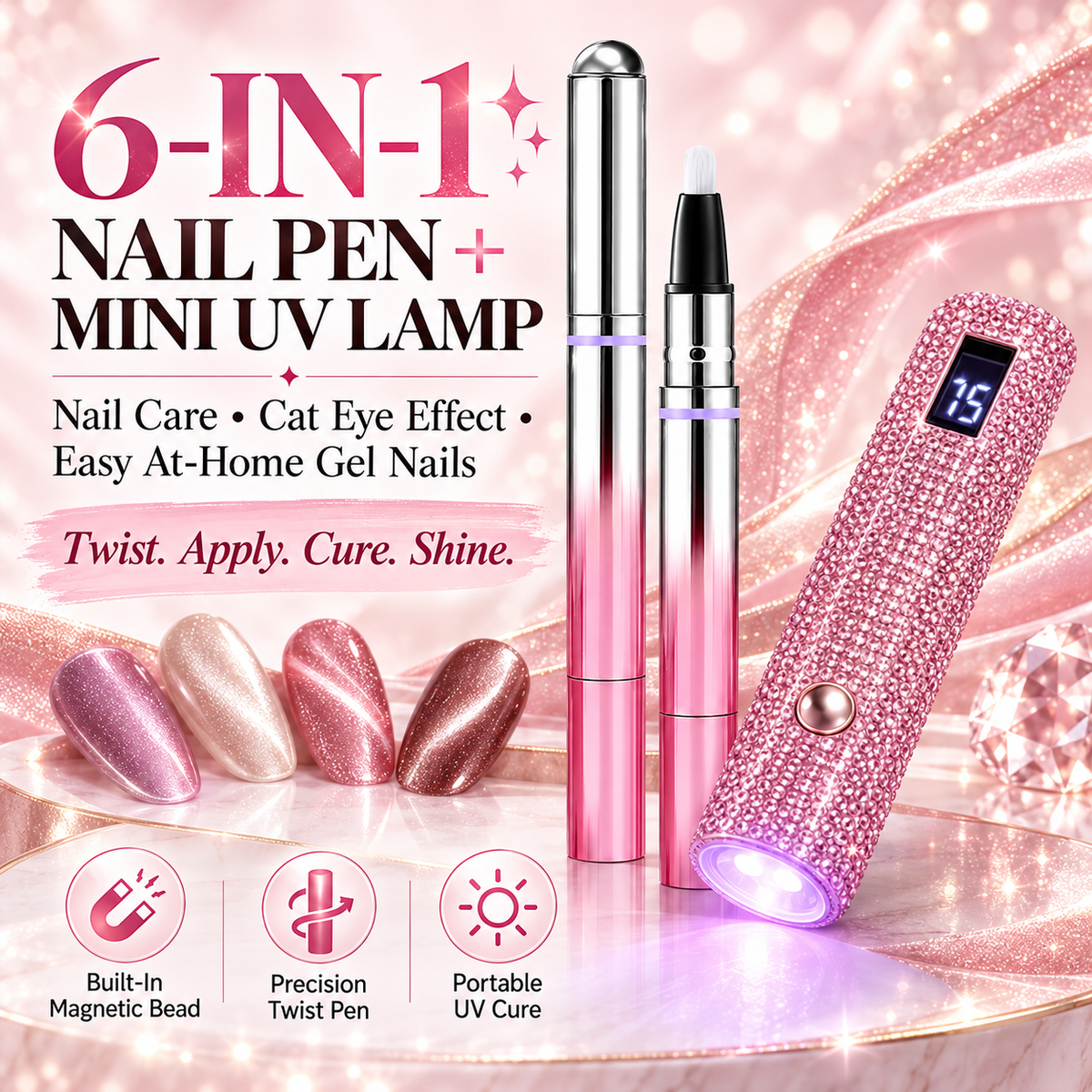 ✨6-in-1 Nail Care & Cat Eye Pen – All-in-One Base, Builder, Color & Top Coat with Magnetic Bead