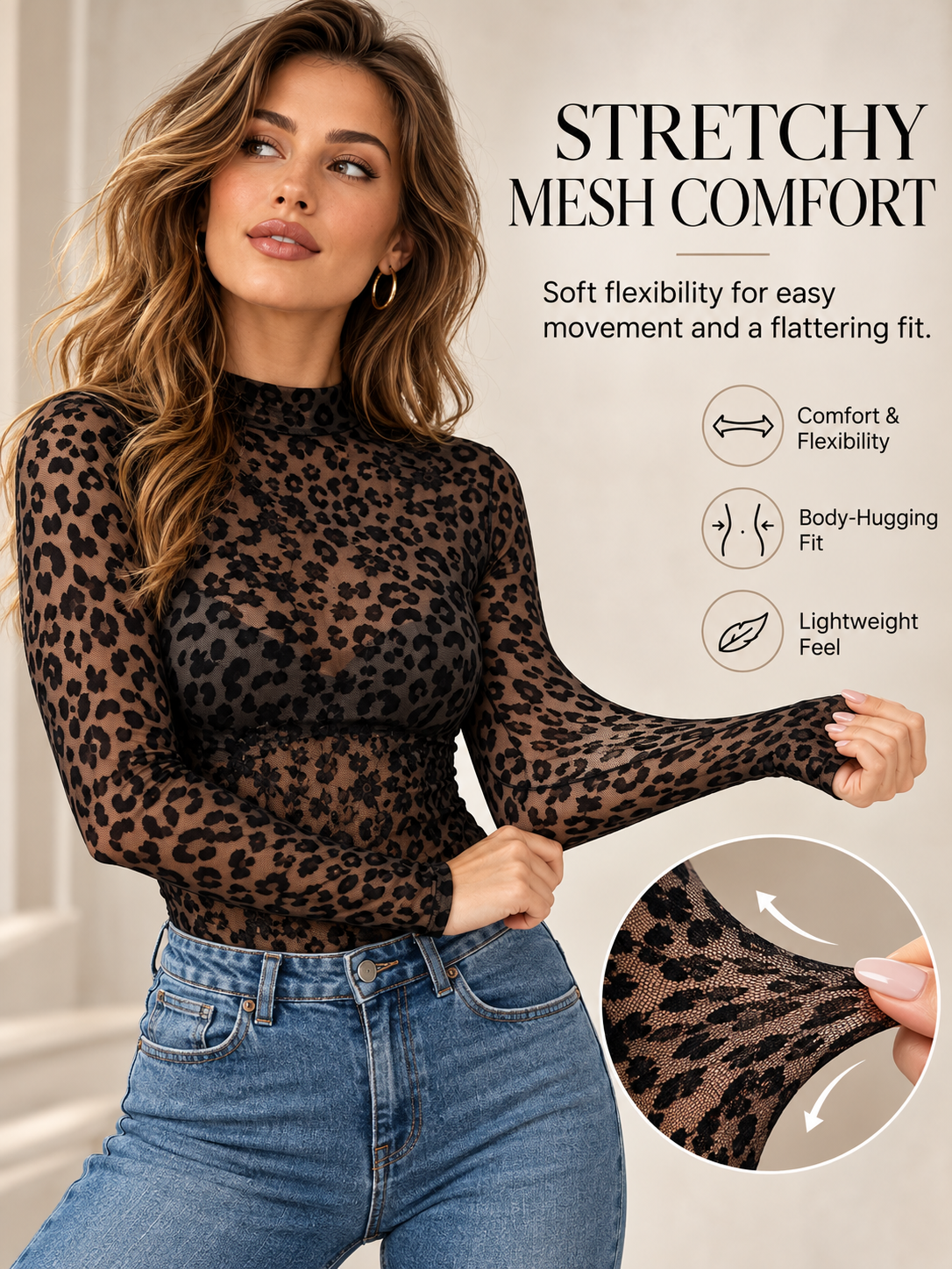 ✨Women's Leopard Print Mesh Long Sleeve Top | Fitted Waist, Semi-Sheer Stretch Blouse for Spring & Fall