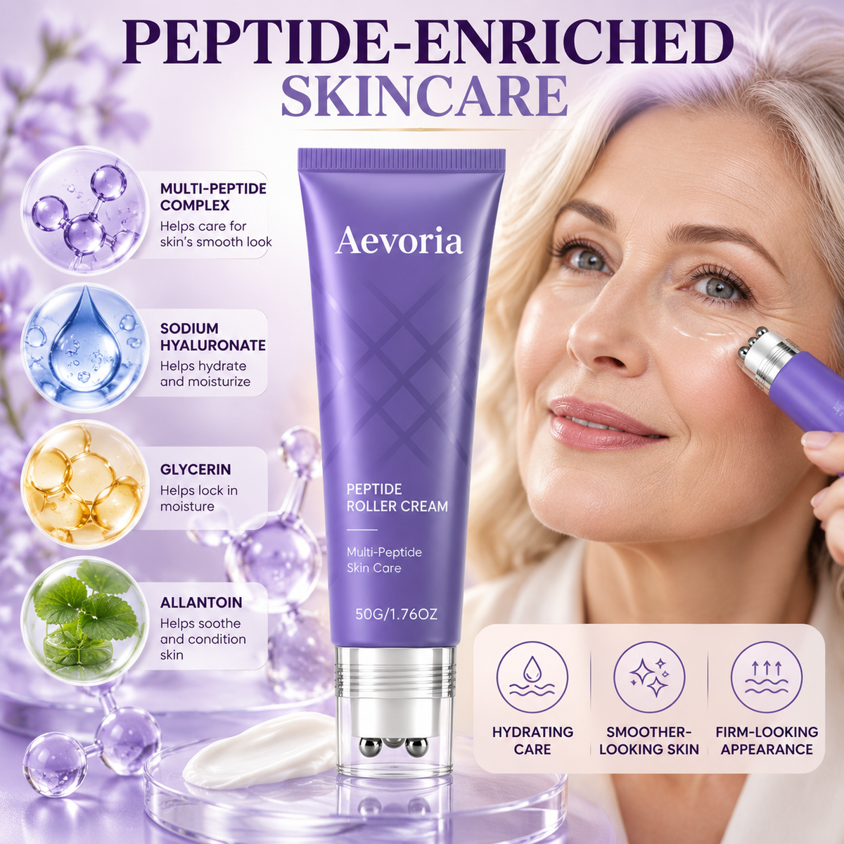 💜 Anti-Wrinkle Eye Cream Roller – Peptide & Collagen Hydrating Care with 6 Cooling Metal Massage Beads ✨