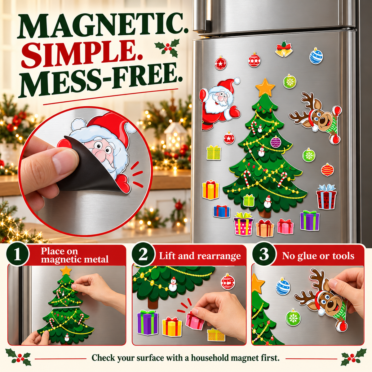 🎄Christmas Fridge Magnets – Xmas Tree, Santa, Reindeer & Snowman Decorations for Kids