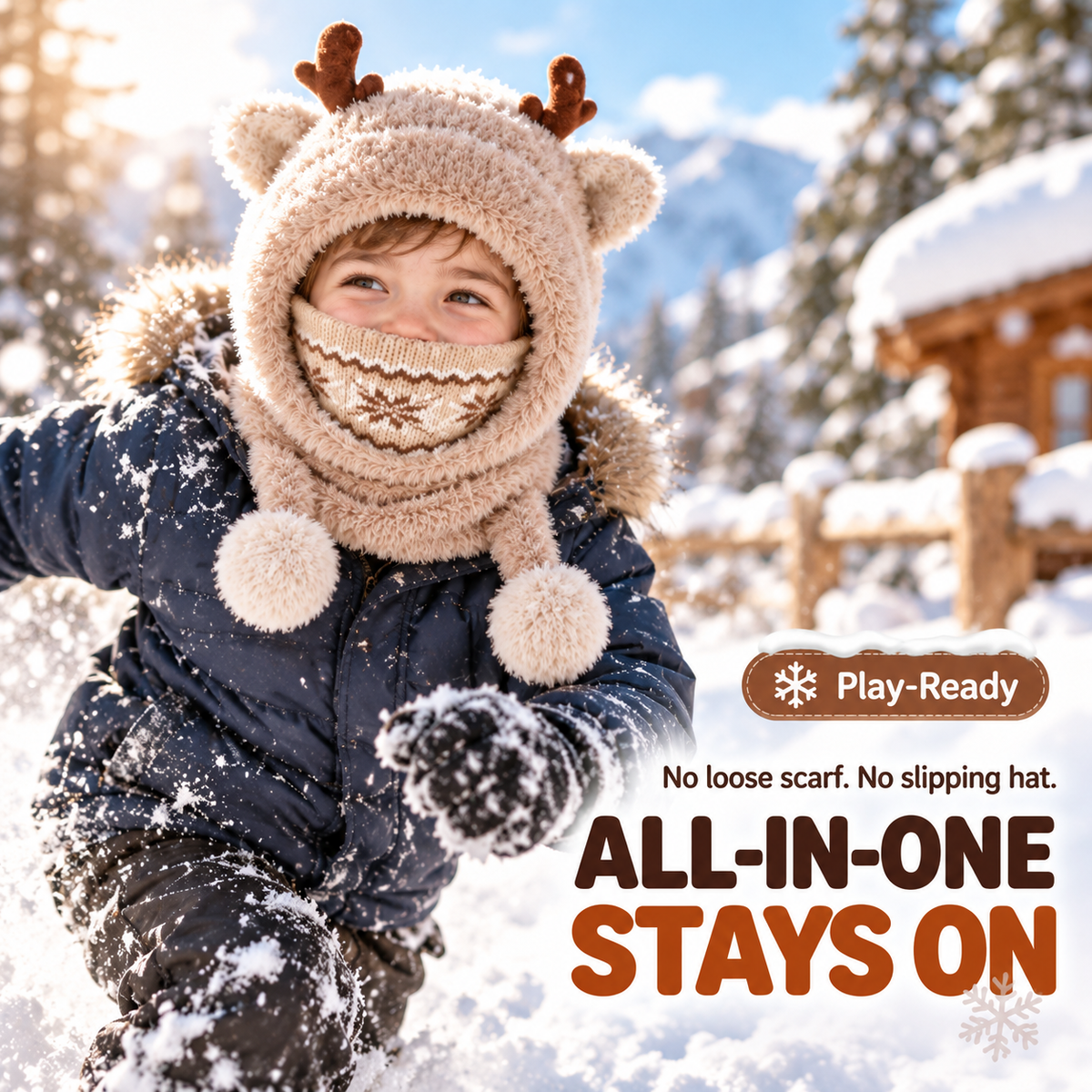 🦌 Antler Kids Hooded Scarf & Mask – Thermal Winter Warmth for Children 🦌