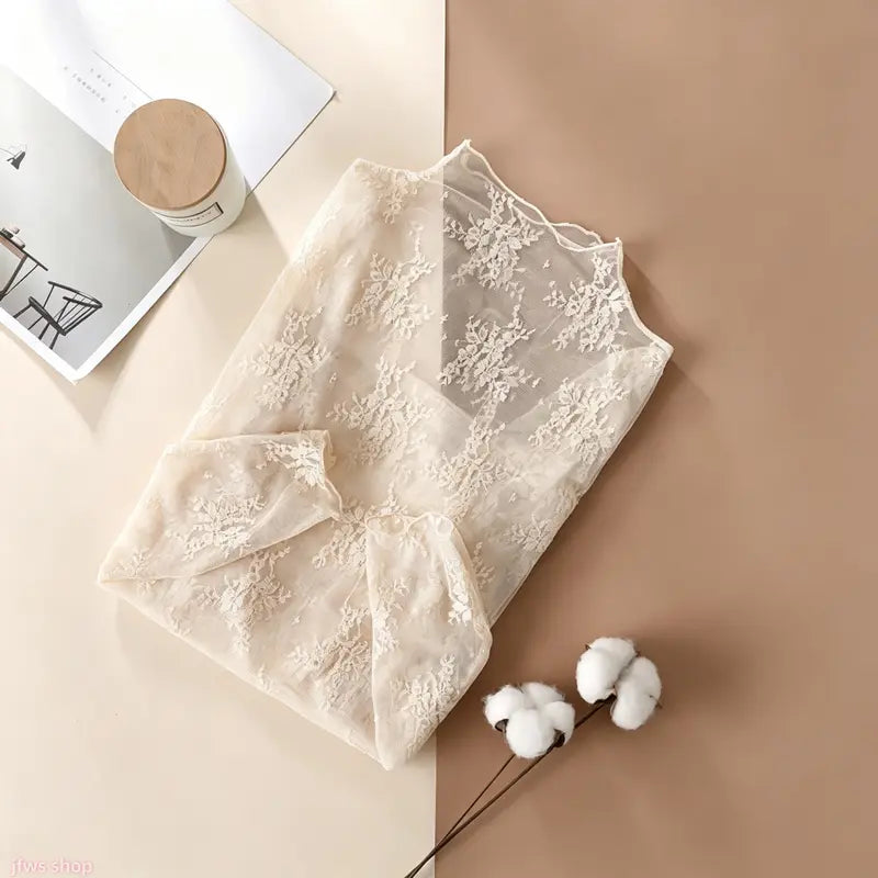👚 Soft, Stretchy, Effortless – Floral Lace Mesh Long-Sleeve Top, Breathable Innerwear for All-Season Layering