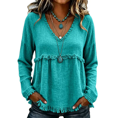 🌾Boho Fringe V-Neck Top – Flowy, Loose & Tassel Hem