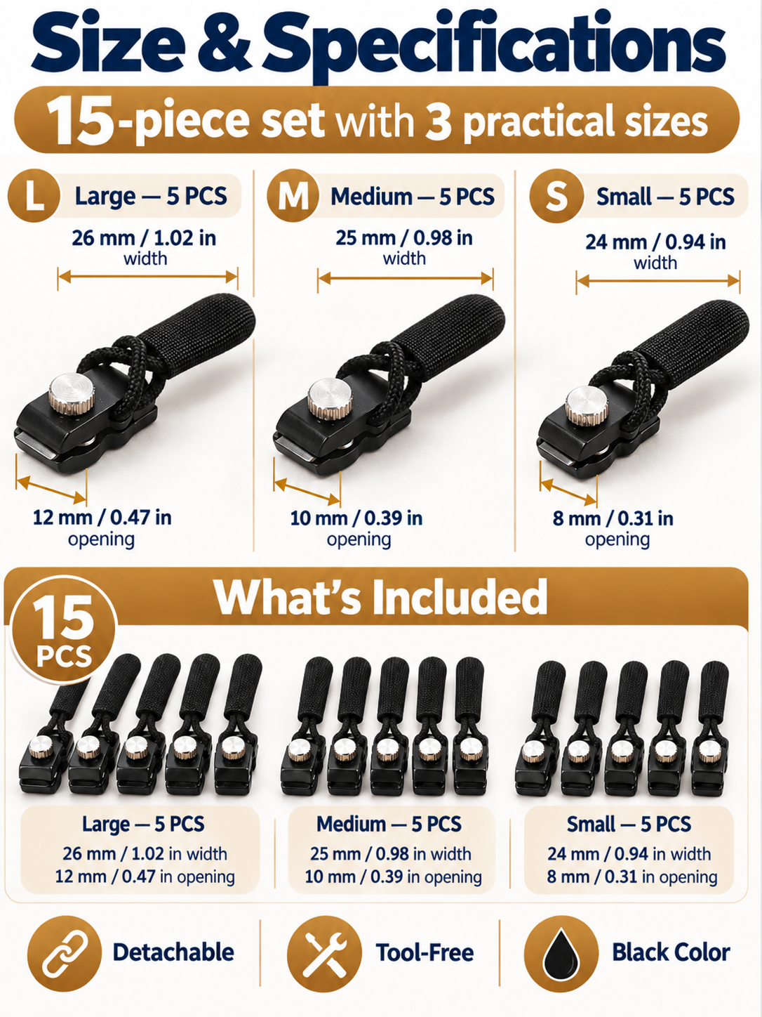 ✨15Pcs Detachable Zipper Repairer – 3 Sizes, Tool-Free Fix for Bags, Jackets, Shoes & Boots