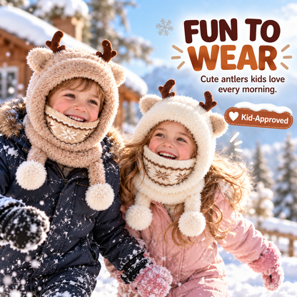 🦌 Antler Kids Hooded Scarf & Mask – Thermal Winter Warmth for Children 🦌
