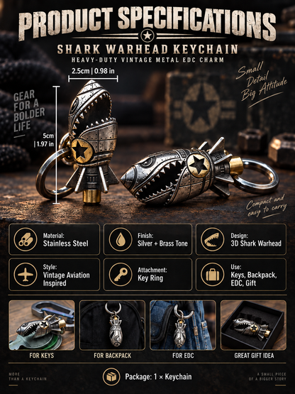 ✨3D Shark Warhead Keychain – Heavy-Duty Stainless Steel Men's Pendant