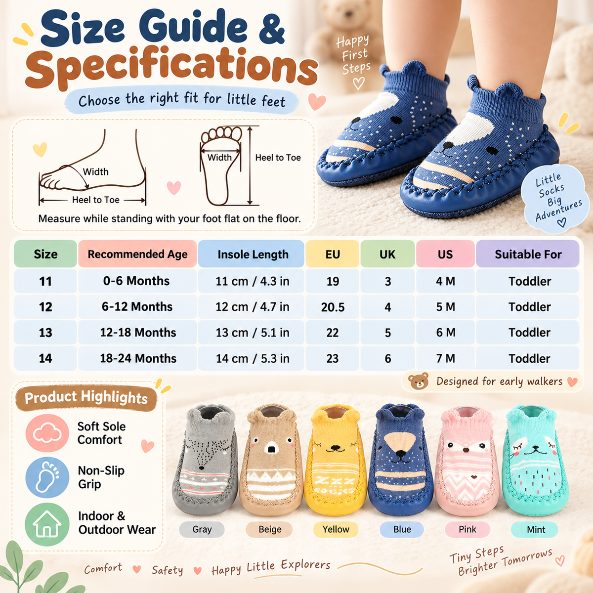 ✨Cute Cartoon Baby Walker Socks – Non-Slip Adhesive Boat Socks for Spring & Fall