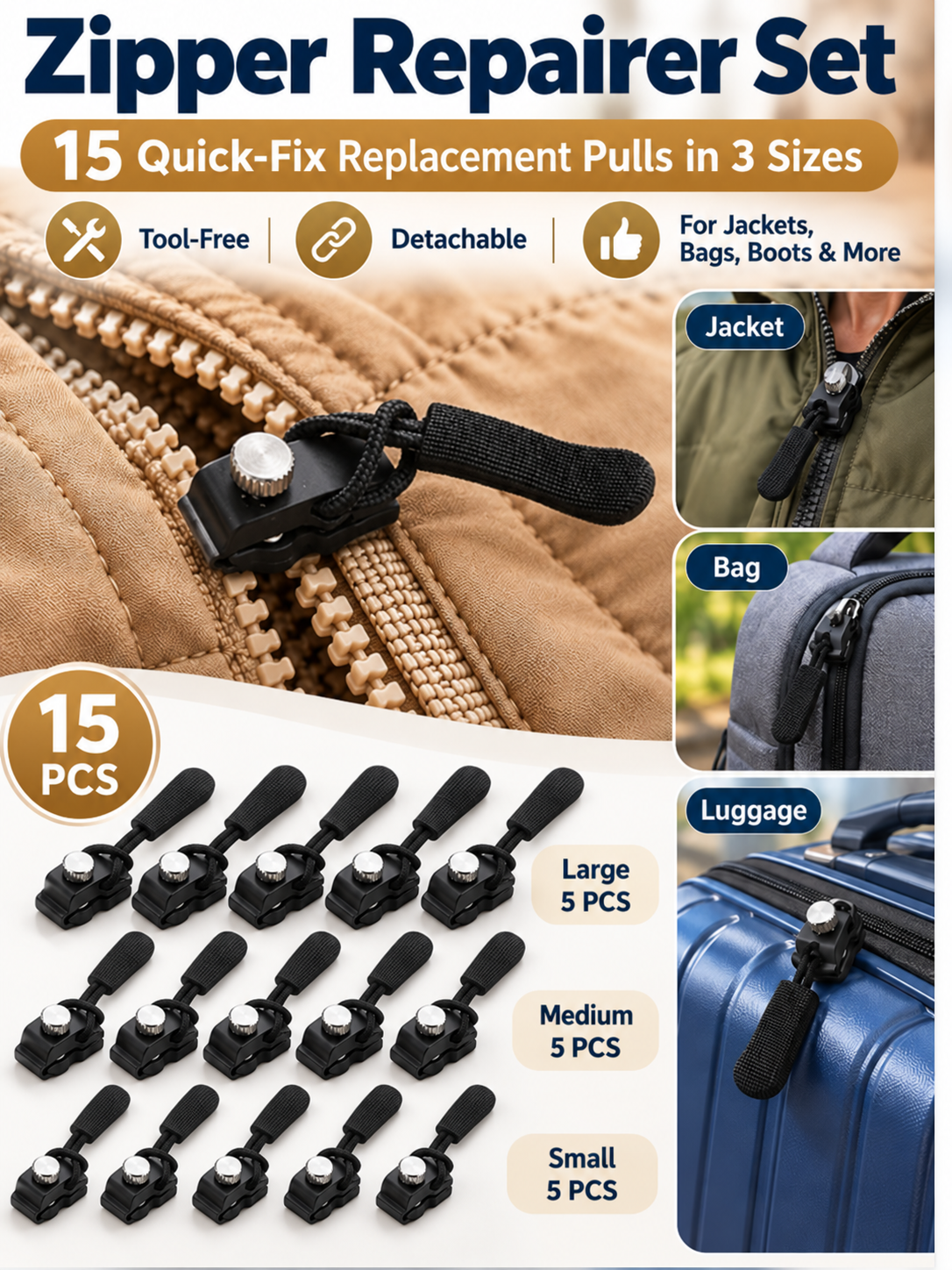 ✨15Pcs Detachable Zipper Repairer – 3 Sizes, Tool-Free Fix for Bags, Jackets, Shoes & Boots