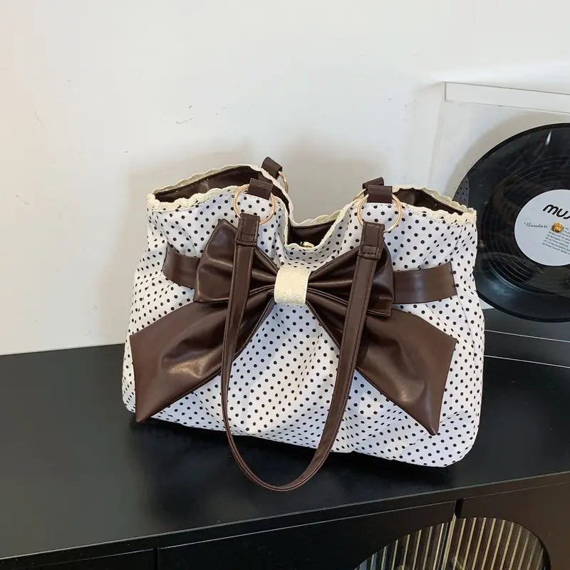👜 Women's Casual Shoulder Tote – Polka Dot Print, Big Bow Detail, Large Capacity for Gym & Outdoors