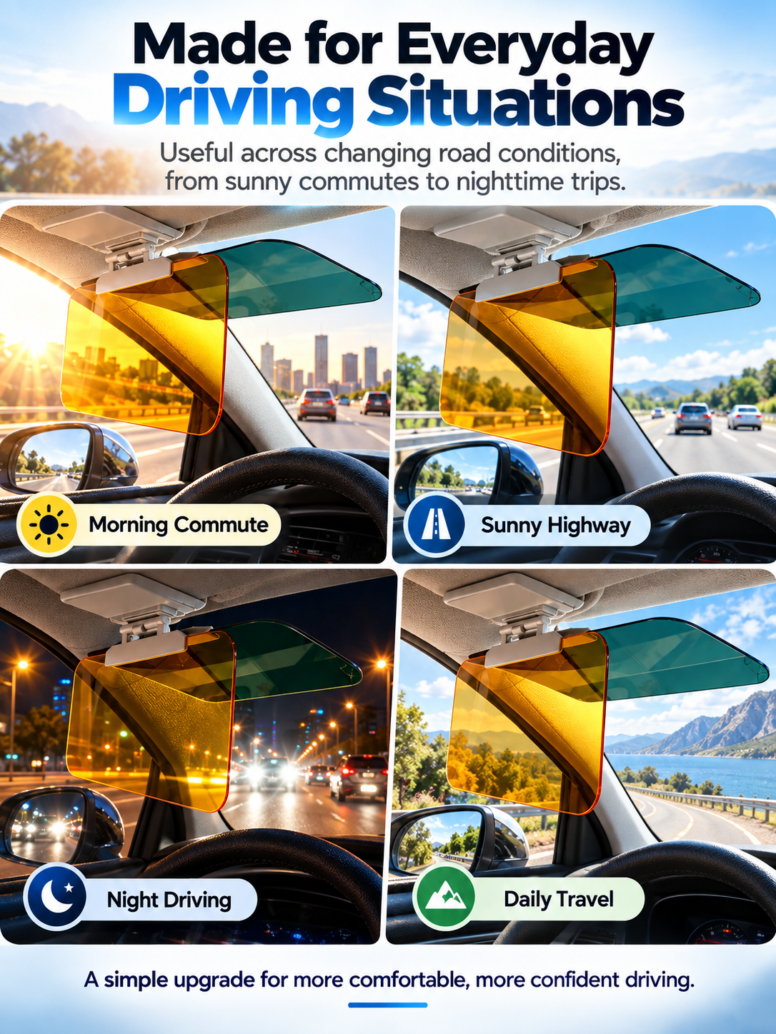 Adjustable Dual-Color Car Sun Visor – Day & Night Anti-Glare Driving Shield for Windshield Visibility