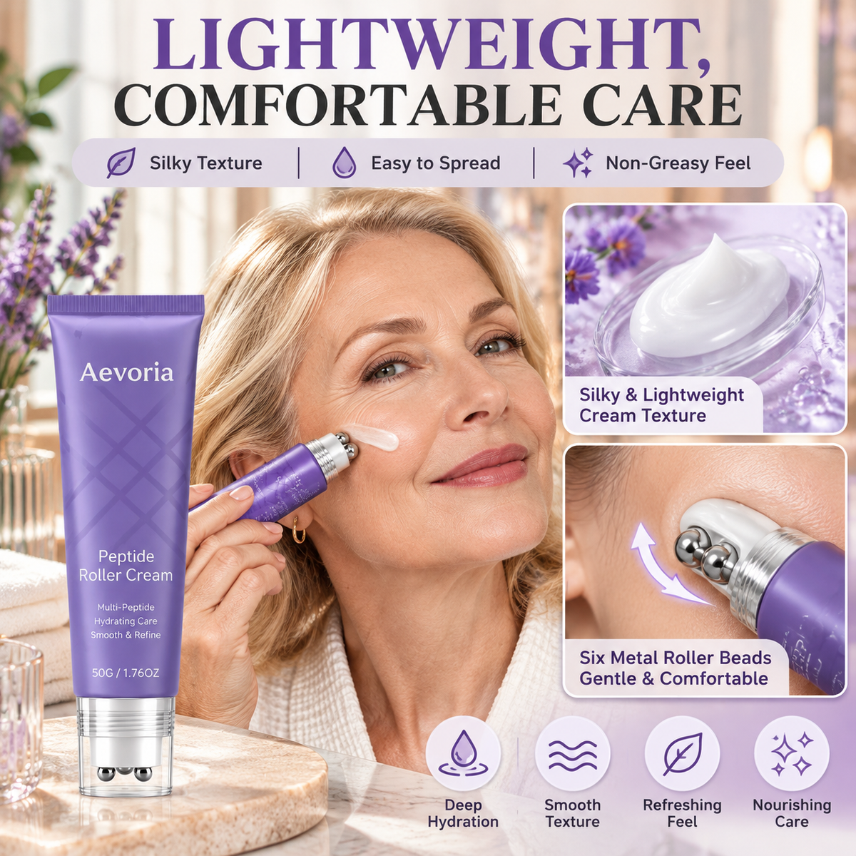 💜 Anti-Wrinkle Eye Cream Roller – Peptide & Collagen Hydrating Care with 6 Cooling Metal Massage Beads ✨