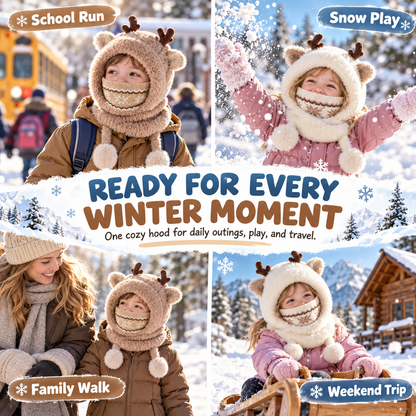 🦌 Antler Kids Hooded Scarf & Mask – Thermal Winter Warmth for Children 🦌